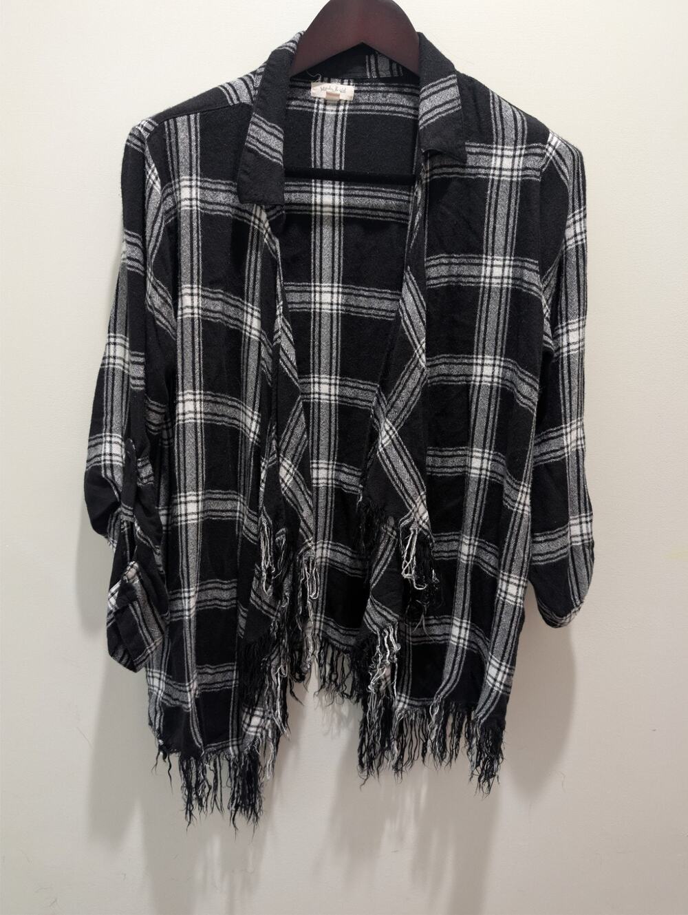Sandy & Sid Shirt Plaid Open Front Kimono Cardigan Top Women's Size XL Fringe